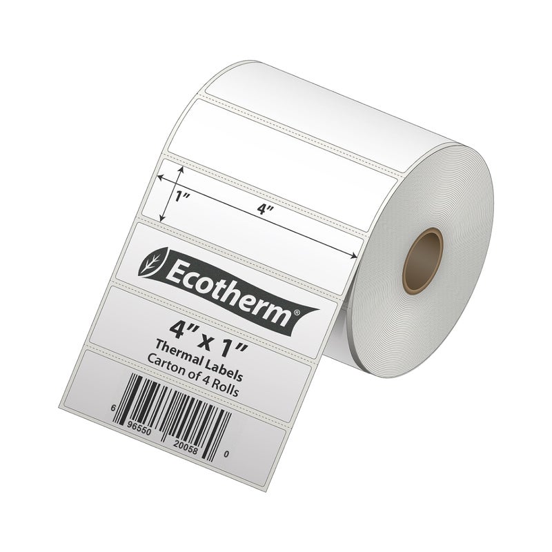 Ecotherm 4"" x 1"" Thermal Labels | 4 Rolls | 5360 Labels | fits Zebra, Munbyn, Rollo, Godex, Arkscan, iDPRT, Offnova Thermal Label Printers and More | Blank White Adhesive Stickers by Ecotherm - Image 1